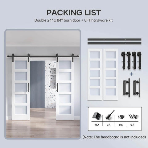 Double 24 By 84 Inch Glass Barn Door Slab With 8 Foot Hardware Kit Included, Five Frosted Glass Panels, LVL Wood Core displayed