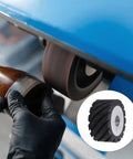 Top Shelf Aluminum Core Rubber Contact Wheel For Belt Sanders And Polisher Machines Featuring Serrated Grip Surface in use for shoe finishing.