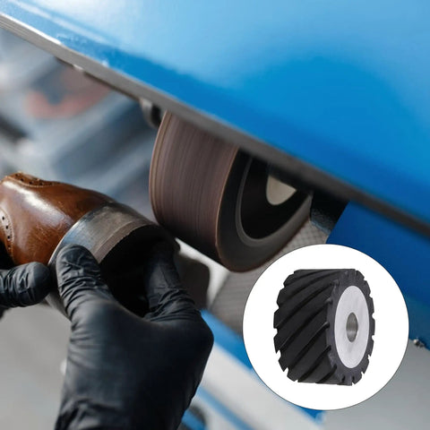 Top Shelf Aluminum Core Rubber Contact Wheel For Belt Sanders And Polisher Machines Featuring Serrated Grip Surface in use for shoe finishing.