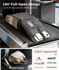 Front view of rolling puffer backpack with wheels; dark gray water-resistant fabric and laptop sleeve