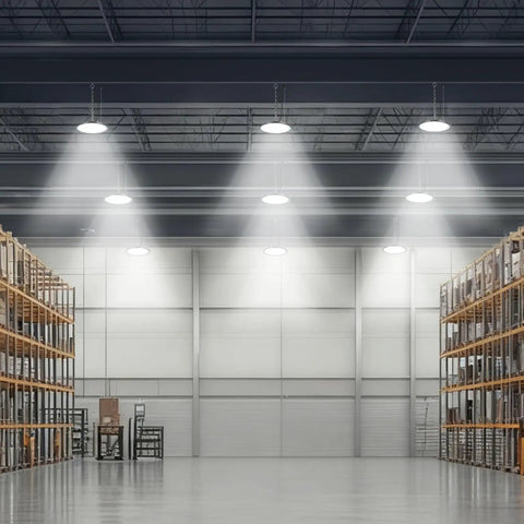 Six Pack UFO LED High Bay Lights With 36000 Lumens Of Brightness, 250W, 5000K Color Temperature, IP65 Waterproof, installed in warehouse