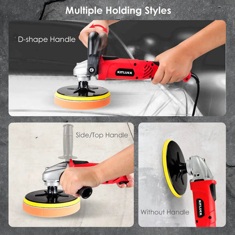 7 Inch Rotary Polisher For Car Detailing With 900W Motor, showing multiple holding styles and foam pad attachment