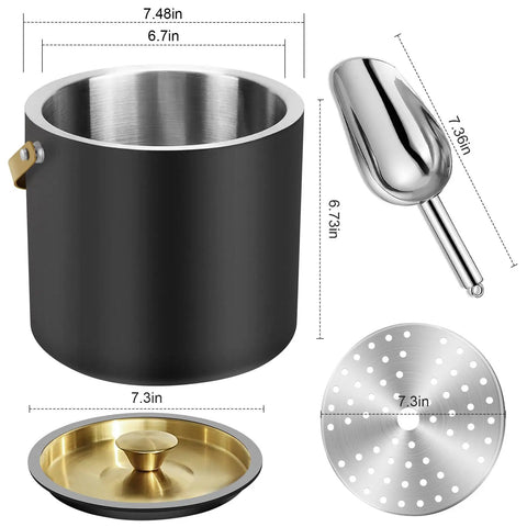 3.2 Liter Double Wall Stainless Steel Ice Bucket With Silicone Lid Scoop And Strainer Insulated Ice Bin For Parties And Cocktail Bars