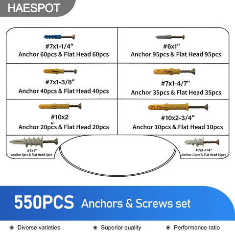 550 Piece Drywall Screws And Anchors Kit With Eight Size Options For Beefy Home Repairs And Picture Hanging, item display