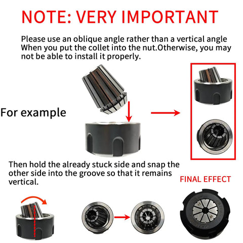 Instructional image for MT2 ER32 Collet Chuck Kit With MT2 Shank And M10 Thread, shows proper collet installation angle.
