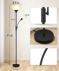 Tall Torchiere Floor Lamp With Adjustable Reading Light, 71-Inch Tall Pole, 3-Way Switch, Black Plastic Lampshade, Corner Lamp