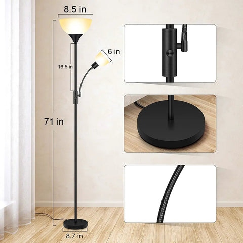 Tall Torchiere Floor Lamp With Adjustable Reading Light, 71-Inch Tall Pole, 3-Way Switch, Black Plastic Lampshade, Corner Lamp