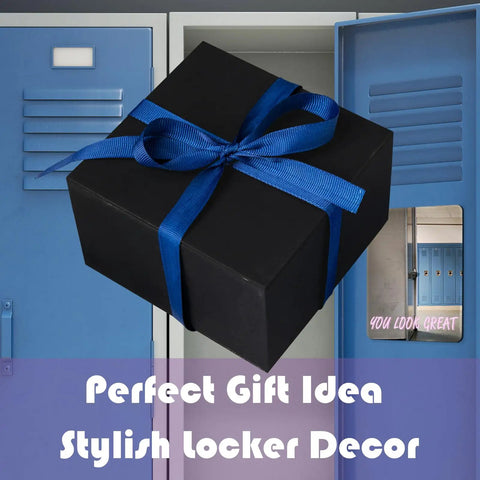 You Look Great Magnetic Locker Mirror 6 By 7 Inch frameless with rounded corners in open locker, blue box and ribbon