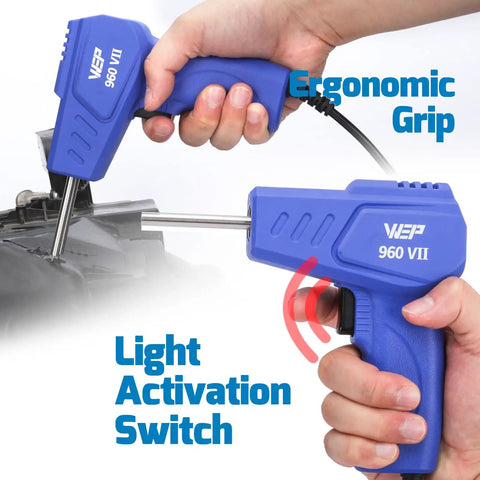 Hands using Plastic Welder Kit Pro Grade For Auto Body Repairs 110V With Ergonomic Grip And Led Lights, repairing plastic.