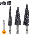 Cobalt Step Drill Bit Set With Center Punch by MulWark TiAlN Coated Unibit One Eighth To One And Three Eighths Inch with four bits