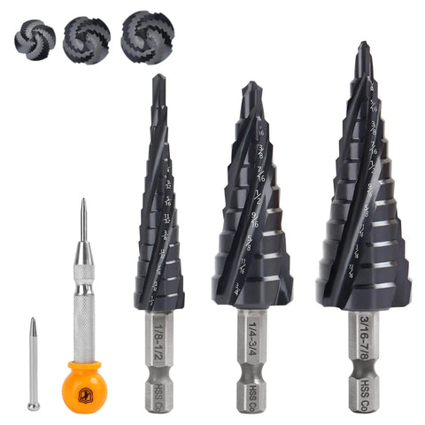 Cobalt Step Drill Bit Set With Center Punch by MulWark TiAlN Coated Unibit One Eighth To One And Three Eighths Inch with four bits