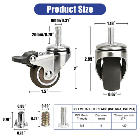 Heavy Duty 1.5 Inch Threaded Stem Caster Wheels With M8x20mm Swivel Screw Base dimensions for furniture replacement casters.