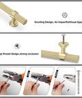 Top Shelf Brushed Gold Kitchen Cabinet Handles Five Inch Pulls Straight Up Premium Zinc Alloy Hardware showcasing knurled design and screw installation.