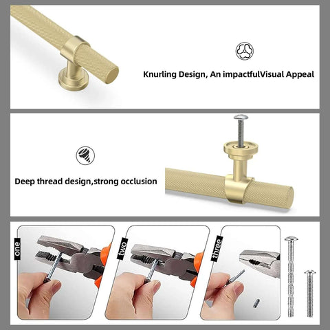 Top Shelf Brushed Gold Kitchen Cabinet Handles Five Inch Pulls Straight Up Premium Zinc Alloy Hardware showcasing knurled design and screw installation.