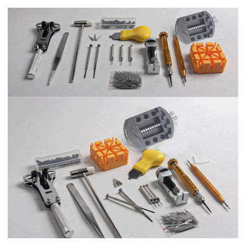 Top Shelf Badass 8 Piece Watch Repair Tool Kit With Slick Link Pin Remover And Hassle Free Case Opener on display, organized with tools.