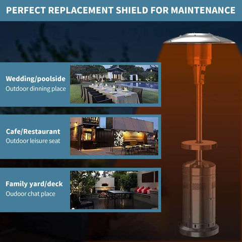 Patio Heater Reflector Shield 33 Inch Diameter Top Dome Replacement Part For Propane Outdoor Heaters Universal 3 Hole Mount Fits Tall Umbrella And Mushroom Styles Pro Grade Easy Tool Free Assembly displayed in outdoor settings.