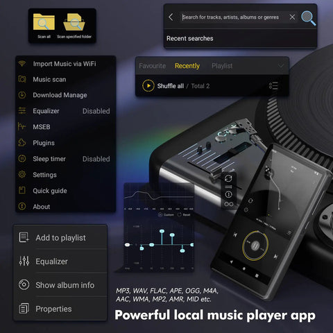 Android MP3 Player With Bluetooth And WiFi 4.5 Inch IPS Touchscreen showing music app interface on screen