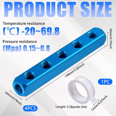 4 Pack Aluminum Pneumatic Manifold Block With 2 Inlets And 5 Outlets, dimensions and temperature resistance specifications