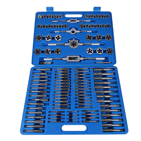 Heavy Duty Carbon Steel Tap Wrench And Die Set With 110 Pieces Metric Taps From M2 To M18 Includes 5 Wrenches 35 Dies For Metalworking Thread Repair And Hand Threading Tasks In The Shop open blue case with metric taps, dies, and wrenches