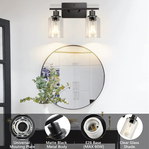 Two Light Modern Bathroom Vanity Light Fixtures With Clear Glass Shades Matte Black Wall Sconce Lighting for Mirror Above Round Mirror