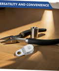 Twelve Piece 6mm Rope Guide Pulley Blocks For Outdoor Use With Swivel Cable Lifting Rollers, Workhorse For Hanging Loads, Rigging, And Material Handling, Durable Wheel Bearing System For Smooth Sliding. Metal pulley block set on wood table.