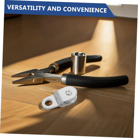 Twelve Piece 6mm Rope Guide Pulley Blocks For Outdoor Use With Swivel Cable Lifting Rollers, Workhorse For Hanging Loads, Rigging, And Material Handling, Durable Wheel Bearing System For Smooth Sliding. Metal pulley block set on wood table.