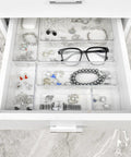 Clean Up Your Counters With This Super Solid 15 Piece Clear Plastic Drawer Organizer Set With Premium Stackable Tray Layout that keeps jewelry displayed neatly.