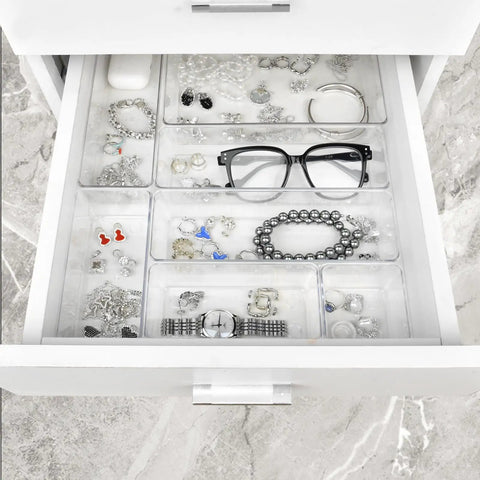 Clean Up Your Counters With This Super Solid 15 Piece Clear Plastic Drawer Organizer Set With Premium Stackable Tray Layout that keeps jewelry displayed neatly.