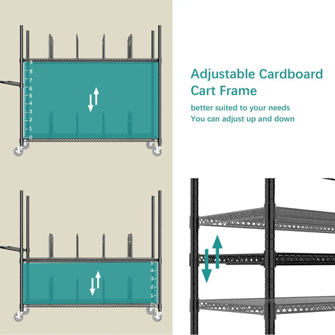 No Bull Heavy Duty Packing Station Cart With Fully Adjustable Height Steel Wire Shelving showing adjustable shelf height features.