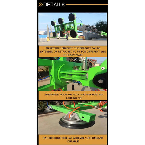 Hassle Free Heavy Duty Glass Vacuum Lifter Remote Control Architectural Window Handler showing adjustable bracket and suction cap.