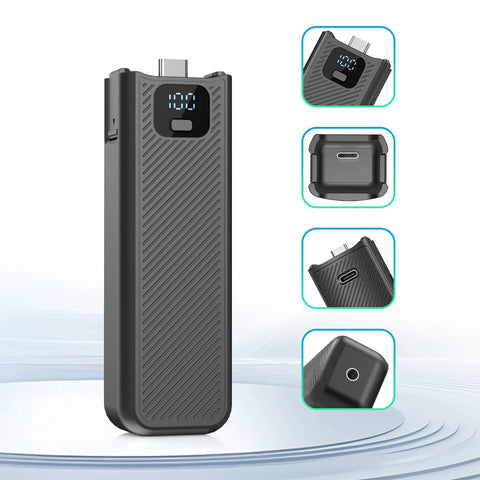 Juiced Up Battery Handle With Digital Display For DJI Osmo Pocket 4 And Pocket 3; shows 5000mAh capacity and USB-C port details.