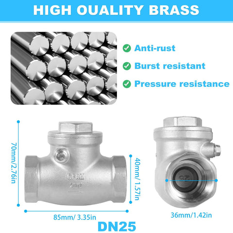 GUXGUY 1-inch stainless steel check valve, DN25, NPT threaded; front and side views.