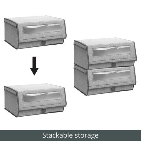 Stackable Large Fabric Closet Shoe Storage Box With Clear Window 8 Pack Gray Herringbone Lido Collection Durable Foldable Shoe Bin