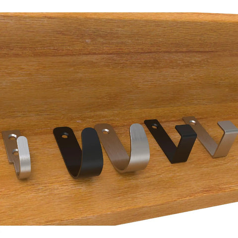 Wooden surface mounted with various beefy heavy duty stainless steel coat hook wall hanger for hats keys towels and bags