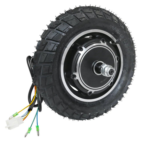 Built Different 10 Inch 48V 350W Brushless Hub Motor Wheel With Off Road Tire showing connections and tread for electric scooter conversion.