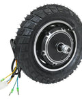 No Sweat 10 Inch 48V 350W Brushless Hub Motor Wheel packed with rugged off road tire and wiring for electric scooters.