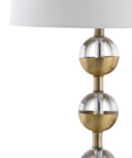 Clear Brass Gold Crystal LED Table Lamps Set of 2, Modern Stacked Sphere Lamps With White Linen Drum Shade, Energy Saving LED Bulbs Included
