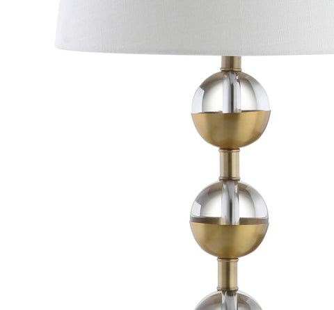 Clear Brass Gold Crystal LED Table Lamps Set of 2, Modern Stacked Sphere Lamps With White Linen Drum Shade, Energy Saving LED Bulbs Included