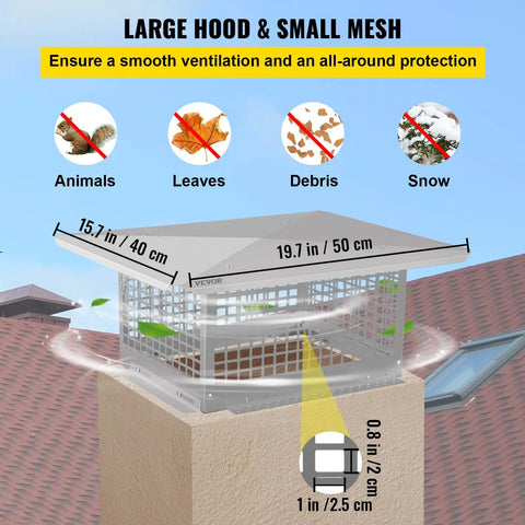 Heavy Duty 8X13 Inch Chimney Cap, Badass 304 Stainless Steel Spark Arrestor For Fireplace, large mesh protection against animals and debris.