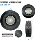 Two Pack 10x4.00-4 Pneumatic Wheel Set With Steel Rim For Mowers Hand Trucks Carts Wheelbarrows And Utility Wagons 2.22 Inch Offset Hub 5/8 Or 3/4 Inch Axle Bore All Purpose Tire Built Tough shown with measurements and details