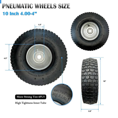 Two Pack 10x4.00-4 Pneumatic Wheel Set With Steel Rim For Mowers Hand Trucks Carts Wheelbarrows And Utility Wagons 2.22 Inch Offset Hub 5/8 Or 3/4 Inch Axle Bore All Purpose Tire Built Tough shown with measurements and details