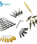 All In One Pro Grade Woodworking Drill Bit Set With Countersink Bits Step Drill Bits Plug Cutters 5 Flute Countersink Positioning Punch