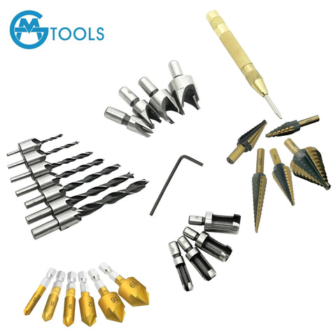 All In One Pro Grade Woodworking Drill Bit Set With Countersink Bits Step Drill Bits Plug Cutters 5 Flute Countersink Positioning Punch