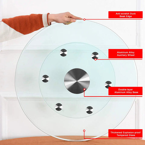 Tempered Glass Lazy Susan Turntable For Dining Large 360 Degree Rotating Tray with Swivel and Auxiliary Wheels, clear glass