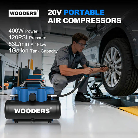 Wooders 20V Cordless Air Compressor 1 Gallon 120 Psi 4.0Ah Battery Portable Tire Inflator For Nailers And Paint Sprayers High Speed Power Tool Quick Setup Easy Use Lightweight Design Perfect For Home Garage Jobs