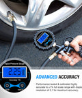 All In One Digital Tire Inflator With Gauge And Bleed Valve, 250 PSI Capacity, backlit display showing tire pressure