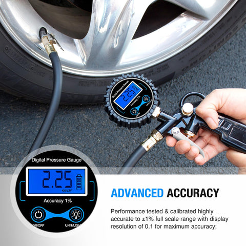 All In One Digital Tire Inflator With Gauge And Bleed Valve, 250 PSI Capacity, backlit display showing tire pressure