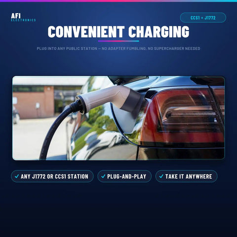 2 In 1 Ccs1 And J1772 To Tesla Charging Adapter Compatible With Model 3 Y S X DC fast charger plugged into a Tesla vehicle.