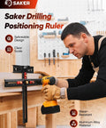 Man using 4 In 1 Scriber Marking Line Ruler 29.5 Inch Spliceable Extended T Square For DIY Woodworking Pro Grade Protractor Angle Scribing Tool Drilling Positioning Guide Cabinet Hardware Jig with drill on wooden table.