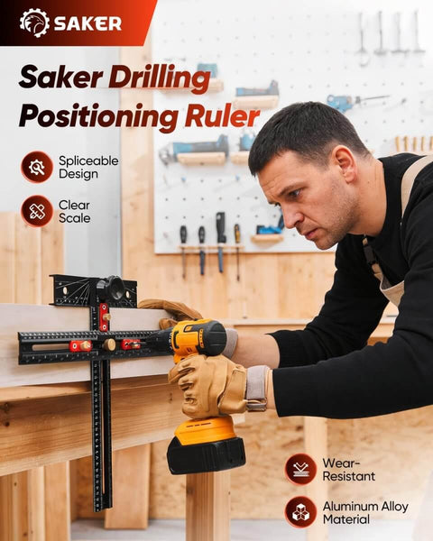 Man using 4 In 1 Scriber Marking Line Ruler 29.5 Inch Spliceable Extended T Square For DIY Woodworking Pro Grade Protractor Angle Scribing Tool Drilling Positioning Guide Cabinet Hardware Jig with drill on wooden table.